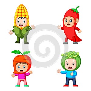 The collection of the children using the vegetables costume with different variant photo