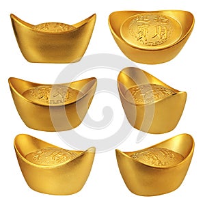 Collection of Chinese gold ingots with different angles isolated on white background