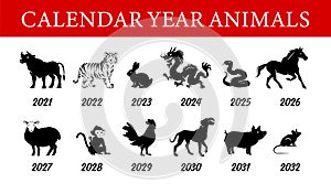 Collection of chinese year calendar animals silhouettes isolated on white background.