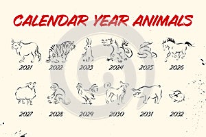 Collection of chinese year calendar animals silhouettes isolated on white background.