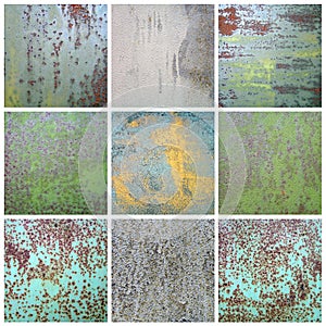 Collection chipped paint on rusty metal surface