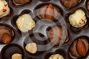 Collection of chocolates. Assortment of sweets, white, dark and milk chocolate. View from above