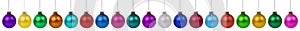 Collection of christmas balls colorful decoration banner in a row isolated on a white background