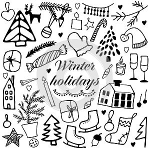 Collection of Christmas cliparts. Hand doodle vector illustration