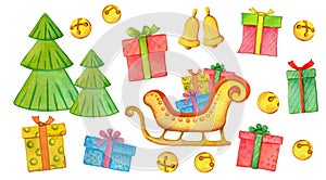 Collection of Christmas cliparts, Santa Claus sleigh with gifts, Watercolor illustration