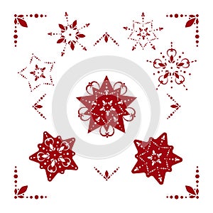 Collection of Christmas colorful frame and snowflake outline elements for surface decoration and textile printing