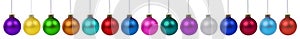 Collection of christmas decoration balls baubles colorful banner in a row isolated on a white background