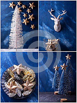 Collection Christmas decorations in blue and golden palette.