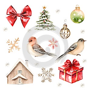 Collection for Christmas design, new year watercolor elements set
