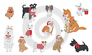 Collection of christmas dogs in hand drawn style. Collection of dog characters, flat illustration for design, decor, print,