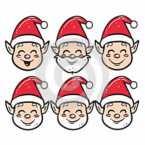 Collection Christmas elves faces wearing red Santa hats, joyful cartoon expressions. Festive