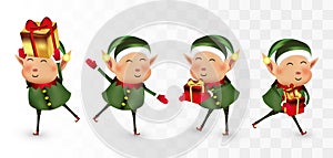 Collection of Christmas elves isolated on transparens background. Little elves. Santa`s helpers. Elves with gift