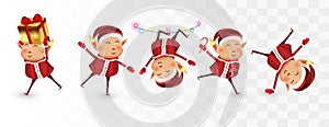 Collection of Christmas elves isolated on transparent background. Little elves. Santa s helpers. Many elves with gift