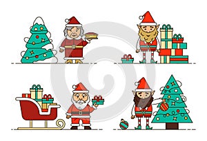 Collection of Christmas elves isolated on white background. Set of adorable characters Santa elves granny with cake holiday