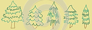 Collection Christmas Fir Tree Outline. New year green sketch cute set. Firtree, pine. Xmas spruce decoration hand drawn