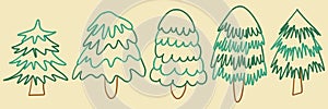 Collection Christmas Fir Tree Outline. New year green sketch cute set. Firtree, pine. Xmas spruce decoration hand drawn