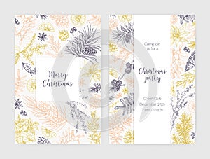 Collection of Christmas flyer, card or party invitation templates decorated with seasonal plants drawn with contour