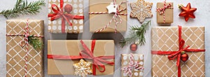 Collection of Christmas gift boxes, toys and decoration. Banner