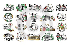 Collection of Christmas handwritten lettering with hand drawn holiday decorations - holly leaves, light garland, candles