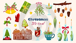 Collection of christmas items, elements and decorations. Gingerbread house,candles,bell,pine cone,omela and other.