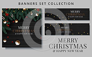 Collection Christmas and New Year with border or garland of Christmas tree branches, holly berries and beads on wood background.