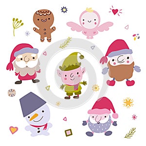 Collection of Christmas and New year characters. Santa Caus, snowman, elf, angel, gingerbread man.