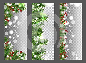 Collection Christmas and New Year vertical banner with border or garland of Christmas tree branches and holly berries on