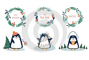 Collection of Christmas and New Year wreath with hand drawn penguins and text