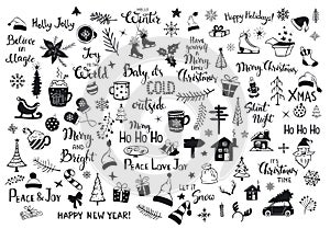 Collection of christmas new years decoration items silhouettes and outlined doodles