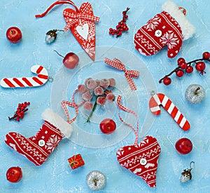 Collection of Christmas objects on blue