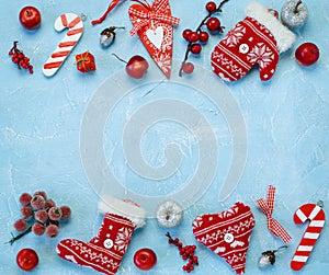 Collection of Christmas objects on blue