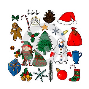 Collection of christmas objects and characters isolated on white