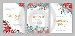 Collection of Christmas Party invitations, holiday event announcement or festive flyer templates decorated with red and