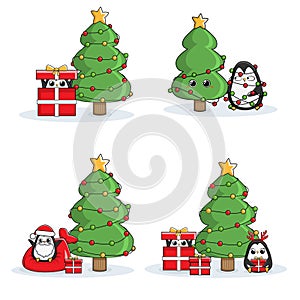 Collection of Christmas penguinsts, Merry Christmas illustrations of cute penguins with christmas tree and gift