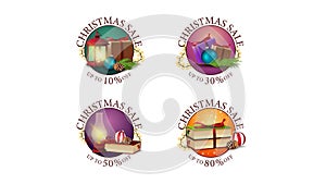 Collection of Christmas round discount web stickers decorated with Christmas icons. Set of round banners with different offers