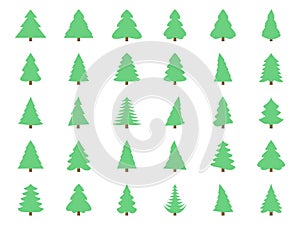 Collection of Christmas trees icons isolated on white background. Design of fir trees for posters, banners and promotional