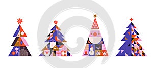 Collection of Christmas trees in modern minimalist geometric style. Colorful illustration in flat cartoon style. Xmas