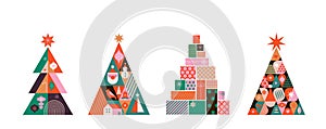 Collection of Christmas trees in modern minimalist geometric style. Colorful illustration in flat cartoon style. Xmas