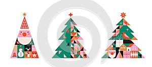 Collection of Christmas trees in modern minimalist geometric style. Colorful illustration in flat cartoon style. Xmas