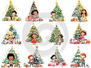 Collection of Christmas watercolor illustration with cartoon cute little kids with Christmas trees and presents, isolated clipart