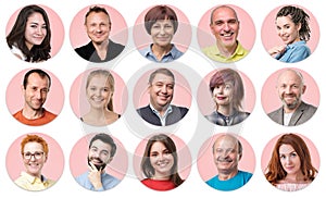 Collection of circle avatar of people. Young and senior men and women faces on pink color.