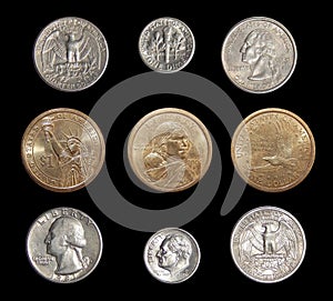 Collection of circulating coins of the USA change coins of America on a black background