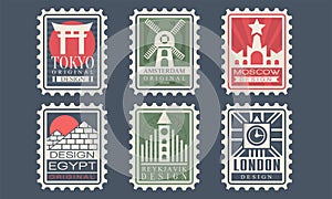 Collection of City Stamps from Different Countries with Architectural Landmarks, Tokyo, Amsterdam, Moscow, Egypt