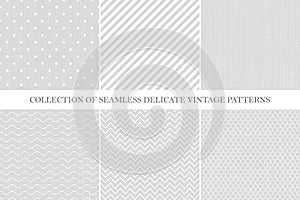 Collection of classic seamless retro patterns - simple geometric design. Vintage style - gray brushed textures.