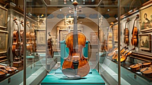 Collection of classic violins displayed in museum showcase. elegant string instruments exhibit. vintage and fine