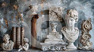 Collection of classical sculptures and ornaments on display