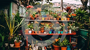 a collection of clay flower pots with blossom flowers.