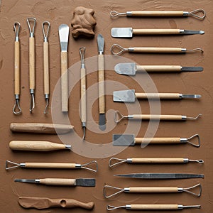 Collection of clay sculpting tools arranged on a textured brown clay surface photo