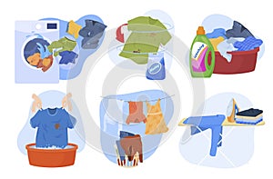 Collection of clean and dirty clothes illustration laundry pile washed clothing, apparel with stains