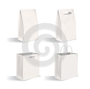 Collection of clean packages isolated on white background. Set of blank paper bags with and without handles. Bundle of